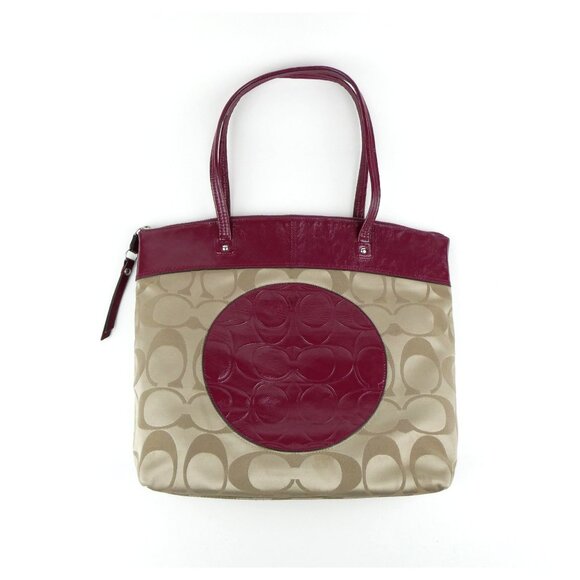Coach Signature Khaki Burgundy Laura Tote Shoulder Bag F18335 - Picture 1 of 14
